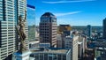 Aerial of Indianapolis statue at top of Soldiers and Sailors Monument with city downtown in background Royalty Free Stock Photo