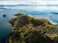 Aerial of Island of the sun at lake Titicaca in Bolivia