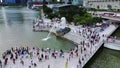 Aerial 4k drone footage of Merlion, the iconic lion mermaid statue in Merlion Park, Singapore