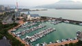 Aerial 4k footage of the Tamsui Fisherman's Wharf Harbor in Taiwan