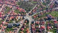 Aerial 4k view of traffic roundabout, intersection of seven streets in old city from a drone