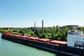 Aerial of a Lake Freighter leaving a lock in the Welland Canal, Canada
