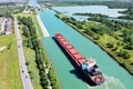 Aerial of a Lake Freighter sailing in the Welland Canal, Canada