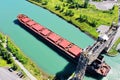 Aerial of a Lake Freighter travelling in the Welland Canal, Canada