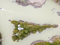 Aerial of a landmark in the Altai Territory Patmos Island with a monastery church and a suspended wooden bridge Royalty Free Stock Photo