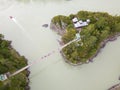 Aerial of a landmark in the Altai Territory Patmos Island with a monastery church and a suspended wooden bridge Royalty Free Stock Photo