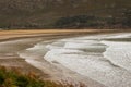 Aerial landscape of Bay of Biscay, Spain, Basque country. Wide beach on cloudy day.