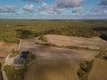 Aerial landscape, countryside, forest and fields. Finnish landscape, Scandinavia. September drone photo Royalty Free Stock Photo