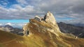 Aerial landscape on the Dolomites, Itlay: Seceda in autumn, a famous landmark with beautiful mountain