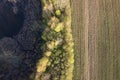 Aerial landscape. Field, forest and overgrown riverside. Aerial shot of farmland and green trees. Field with rural road, trees,