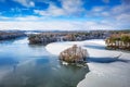 Aerial landscape of the frozen lake in Poland at winter Royalty Free Stock Photo