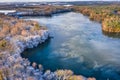 Aerial landscape of the frozen lake in Poland at winter Royalty Free Stock Photo