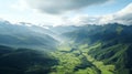 An aerial landscape with a green mountain range, on which small animals graze on the background of an overcast sky. Idyllic