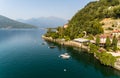 Aerial landscape of Lake Maggiore in a sunny day from the Colmegna lakeside, municipality of Luino, Italy