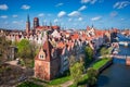 Aerial landscape of the Main Town of Gdansk by the Motlawa river, Poland Royalty Free Stock Photo
