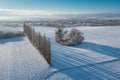 Aerial landscape of the meadow covered with fresh snow, Poland Royalty Free Stock Photo