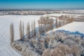 Aerial landscape of the meadow covered with fresh snow, Poland Royalty Free Stock Photo