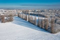 Aerial landscape of the meadow covered with fresh snow, Poland Royalty Free Stock Photo