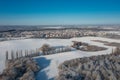 Aerial landscape of the meadow covered with fresh snow, Poland Royalty Free Stock Photo