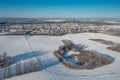 Aerial landscape of the meadow covered with fresh snow, Poland Royalty Free Stock Photo