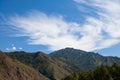 Aerial landscape with mountains, green trees, field, road and river under blue sky and clouds in summer Royalty Free Stock Photo