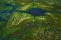 Aerial landscape in Okavango delta, Botswana. Lakes and rivers, view from airplane. Green vegetation in South Africa. Trees with