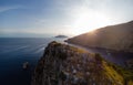 Aerial landscape panorama couple of tourists. View of Ieranto bay in Sorrento, Mountains, rocky shores and sea. Capri is far on