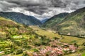 Aerial Landscape panoramic view to Urubamba river and sacred valley from Taray viewpoint near Pisac, Cuzco, Peru