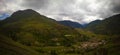 Aerial Landscape panoramic view to Urubamba river and sacred valley from Taray viewpoint near Pisac, Cuzco, Peru