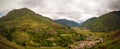 Aerial Landscape panoramic view to Urubamba river and sacred valley from Taray viewpoint near Pisac, Cuzco, Peru