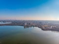 Aerial landscape photo of Morii Lake , Bucharest, Romania with many buildings in the distance