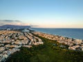 Aerial landscape photo of Recreio dos Bandeirantes beach during sunset, with views of Chico Mendes park