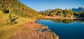 Aerial landscape photography. Exciting autumn view from flying drone of Wagenbruchsee lake. Royalty Free Stock Photo