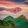 Aerial landscape photography. Fantastic sunrise on Mykines island. Unbelievable morning view of Alaberg cliffs, Faroe Islands, Den