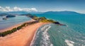 Aerial landscape photography. Splendid summer view from flying drone of Zvernec Beach. Royalty Free Stock Photo