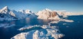 Aerial landscape photography. Sunny morning view from flying drone of Hamnoy, Sakrisoy and Reine villeges