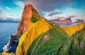 Aerial landscape photography. Unbelievable morning view of Kallur Lighthouse, Kalsoy island Royalty Free Stock Photo