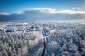 Aerial landscape of the road through snowy forest at winter, Poland Royalty Free Stock Photo