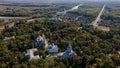 Aerial landscape shot of ancient Chernihiv town with trees, river, roads, buildings Royalty Free Stock Photo