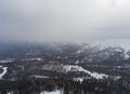 Aerial landscape of the snowy forest in the mountains. Royalty Free Stock Photo