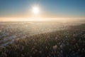 Aerial landscape of the snowy forest at winter sunrise, Poland Royalty Free Stock Photo