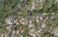 Aerial with uphill road bending at Curral das Freiras mountain village, Madeira