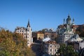 Aerial landscape view of Andrew`s Descent Andriyivsky uzviz with walking people.