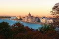 Aerial landscape view of Budapest. Picturesque Danube River and The Hungarian Parliament Building during sunset Royalty Free Stock Photo