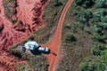 Aerial landscape view of car and caravan in Cape Leeuwin Western Australia