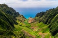 Aerial landscape view of cliffs and green valley, Kauai Royalty Free Stock Photo