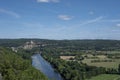 Aerial landscape view on Dordogne river with the old bridge and beautiful fields near Domme village in France Royalty Free Stock Photo