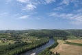 Aerial landscape view on Dordogne river with the old bridge and beautiful fields near Domme village in France Royalty Free Stock Photo