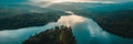 aerial landscape view with drone of beautiful lake in mountains in a sunny day with blue sky a very popular tourist Royalty Free Stock Photo