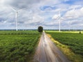 Aerial landscape view of group of windmills in a wind farm creating renewable energy at Nakhon Ratchasima, Thailand